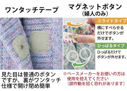 高齢者　介護　着やすい服　留め具　ワンタッチテープ　マグネットボタン
