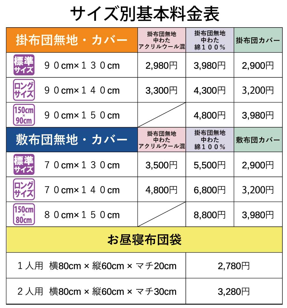 カヤマ特性保育園お昼寝布団価格表　基本料金