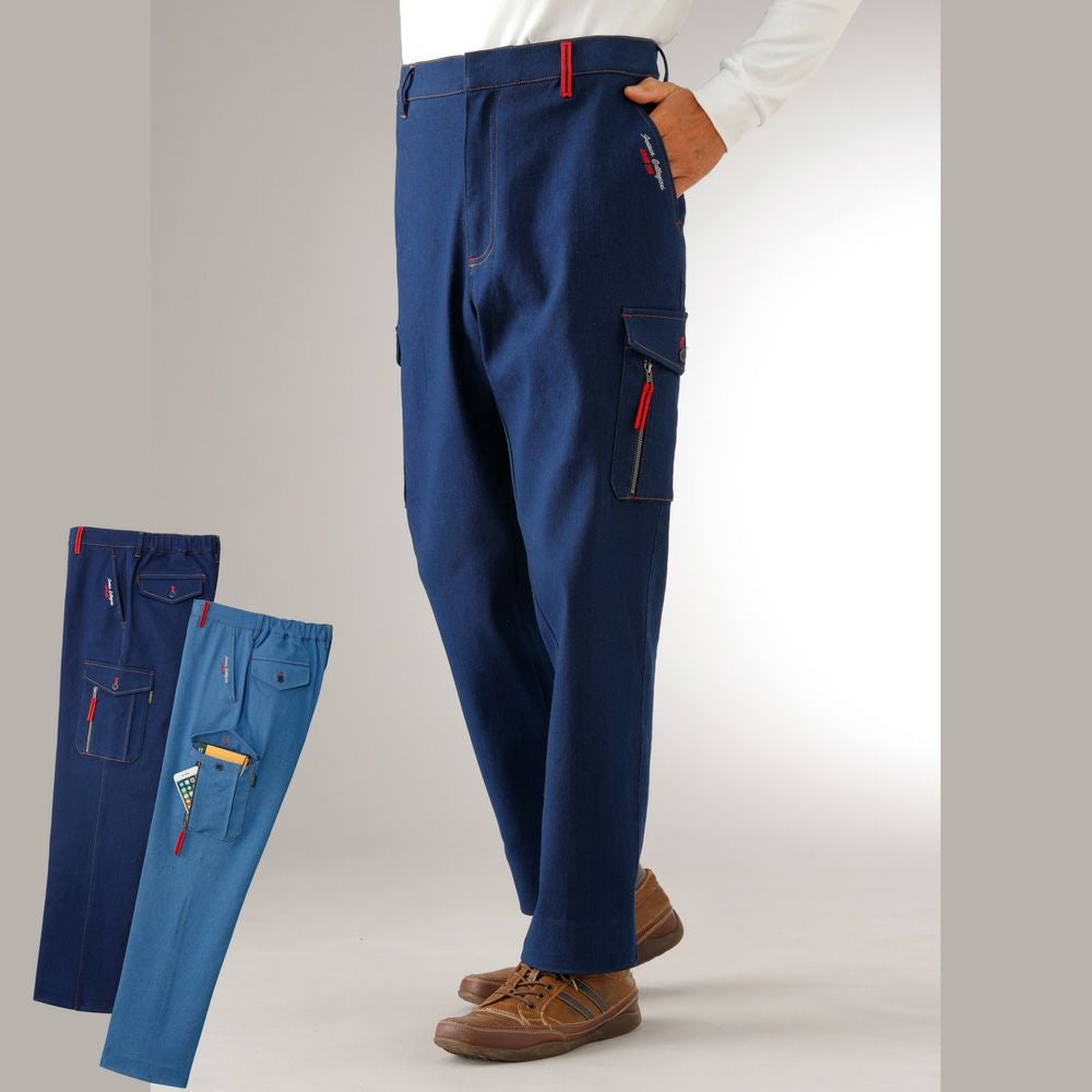 Frannco Collezioni］紳士デニム刺繍入りカーゴパンツ2色組股下 65