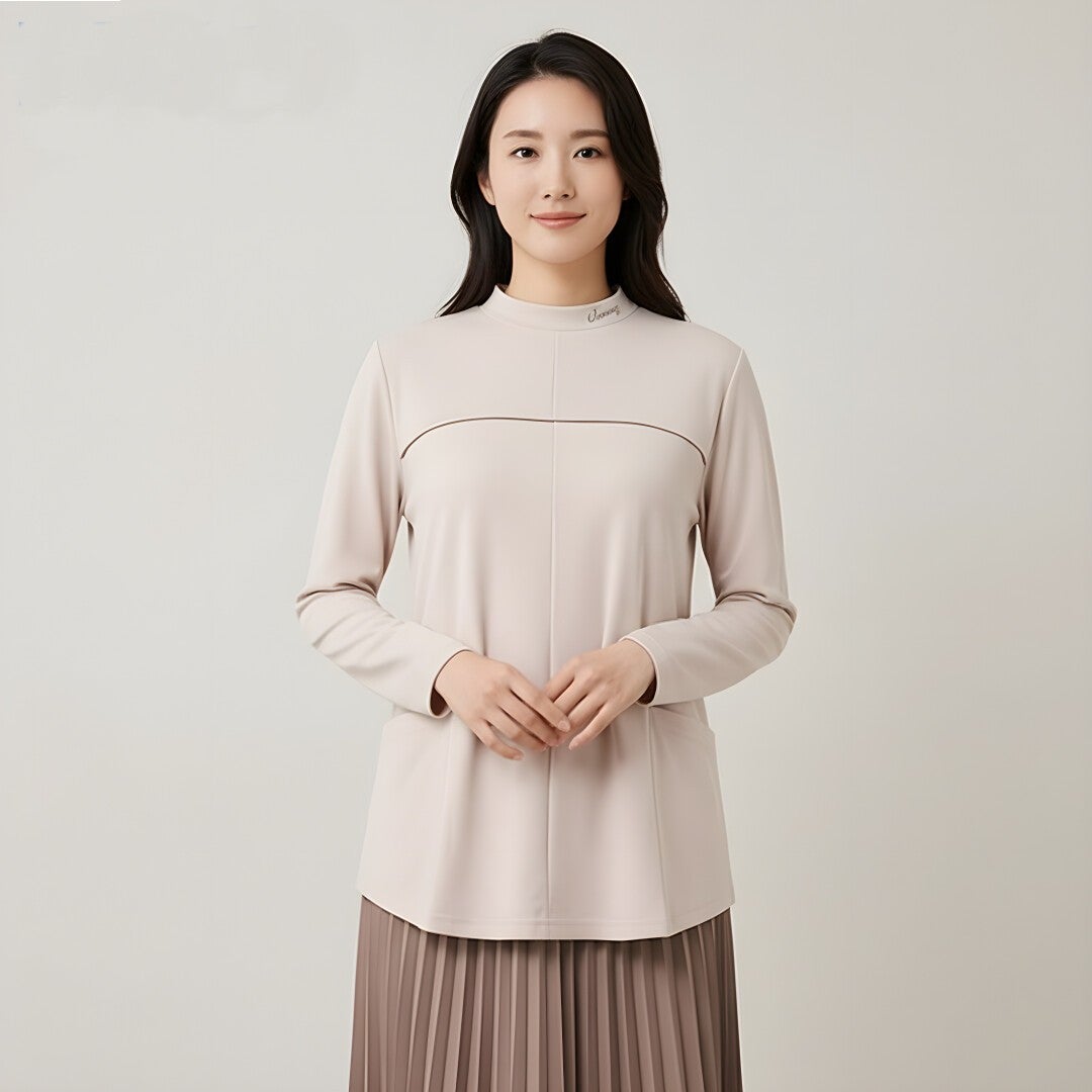 新作】フロントタック切り替えハイネックAライン長袖Tシャツ（婦人