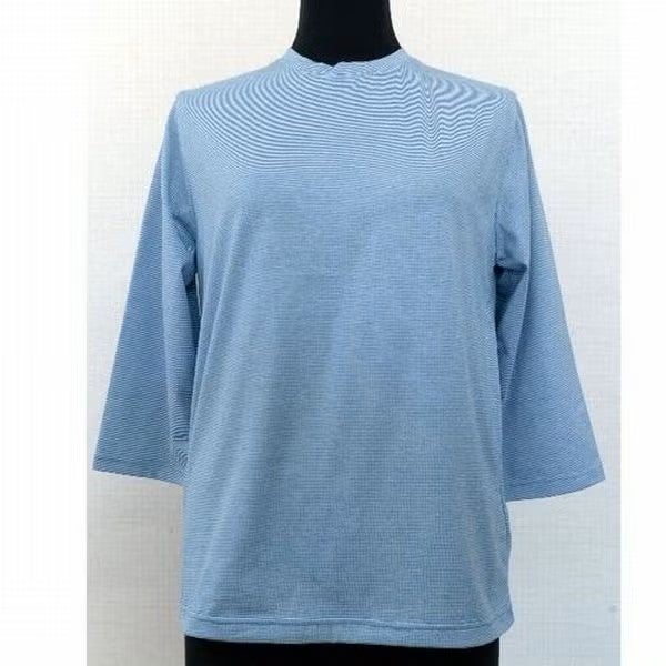 7分袖綿100％細ボーダーTシャツ日本製(婦人)サイズ M～L