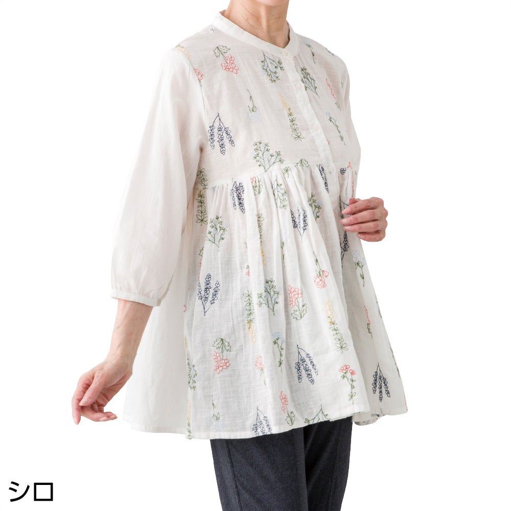 7分袖花柄刺繍前開きブラウス(婦人) | おしゃれなシニアファッション